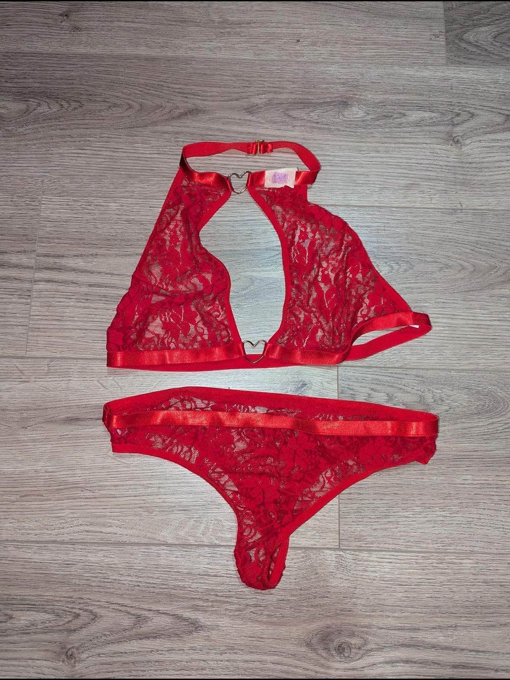 SHEIN Red Lace Halter Bralette & Thong Set